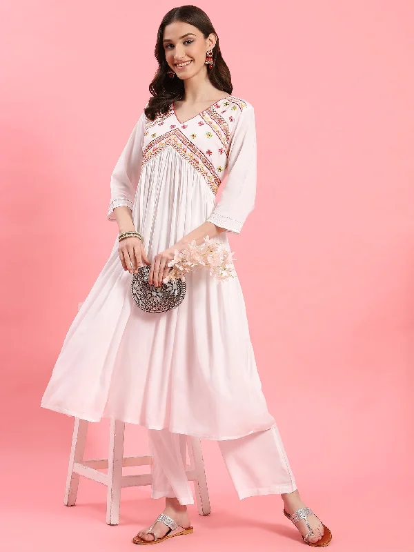 Polka Dot Dress Sets Women White Embroidered Kurta With Comfort Pant