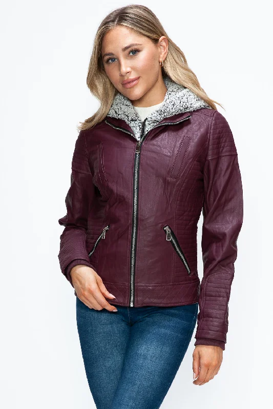 Light insulated outerwear jackets women Faux Layered Double-Zipper Jacket with Fuzzy Hood