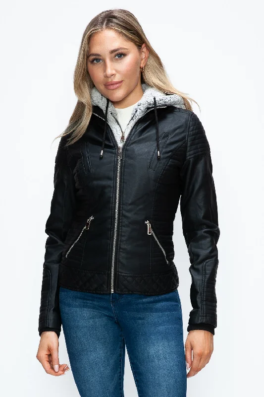 Elegant outerwear for chilly days Faux Layered Double-Zipper Jacket with Fuzzy Hood