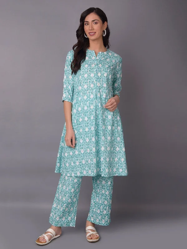 Fashion Blouse Sets Women Turquoise Blue Floral Print Kurta With Comfort Pant