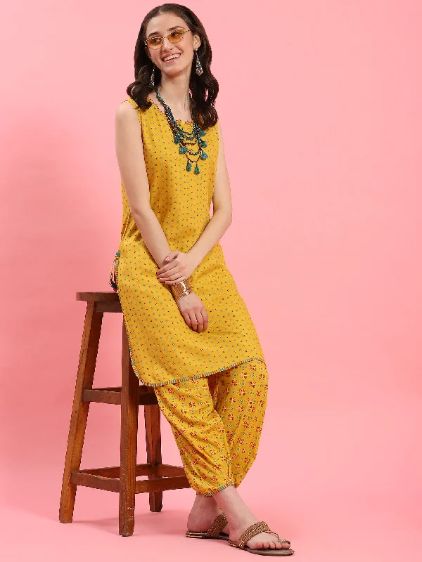 Luxe Sweater Set Outfits Women Yellow Geometric Printed Kurta With Harem Pant