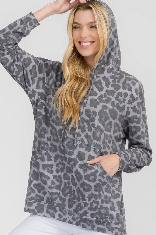 Faux leather outerwear women Relaxed Snow Leopard Pocket Hoodie