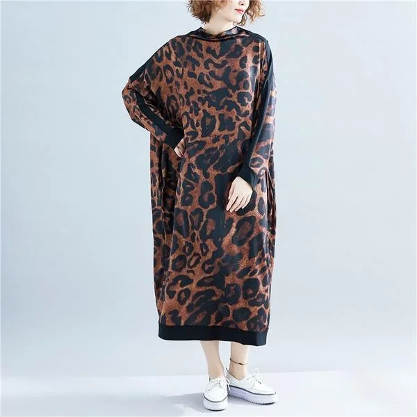 Cute dresses & jumpsuits for datesLong Sleeve Leopard Cotton Vintage Plus Size Women Casual Loose Long Spring Autumn Dress ( Limited Stock)