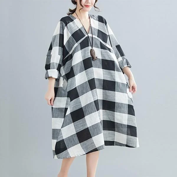 Structured dresses & jumpsuits for office wearlong sleeve cotton linen vintage plaid plus size women casual loose midi autumn party dress