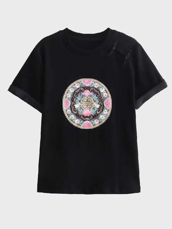 frilled tops for women Spring Blossom Embroidered Knit Tee