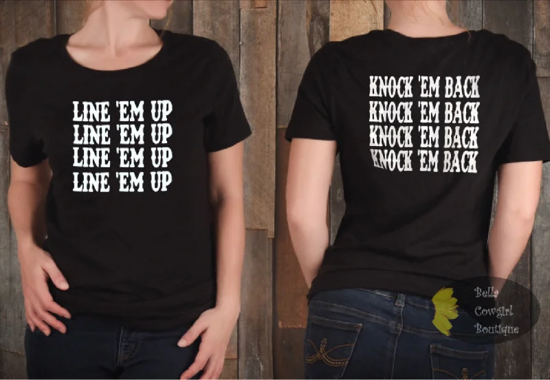 Women's vintage graphic tees Line 'Em Up Knock 'Em Back Whiskey Glasses Country Music Front And Back Women's T-Shirt