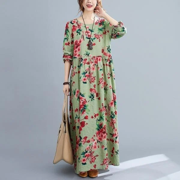 Full-sleeve dresses & jumpsuits for winterlong sleeve plus size cotton linen vintage floral for women casual loose autumn dress