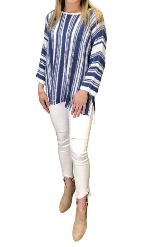 women’s sweaters with animal prints 3/4 Stripe Sweater In Blue