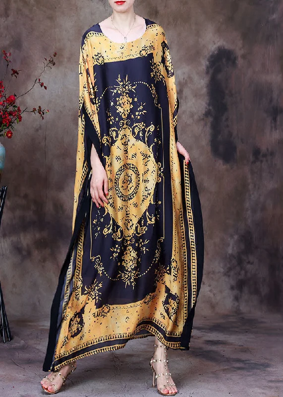 Denim jumpsuits & dresses for casual outfitsYellow Print Silk Loose Long Dresses Gown Asymmetrical Design Batwing Sleeve