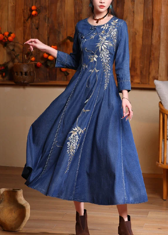 Jumpsuits & dresses for spring weddingsVintage Blue O-Neck Embroidered Button Long Denim Dresses Spring