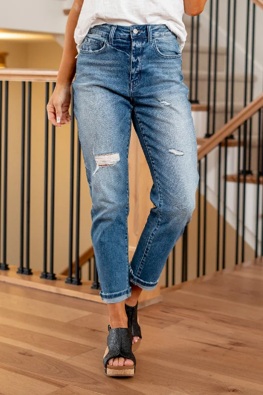 ripped straight leg denim jeans Caspian Cuffed Mom Jeans