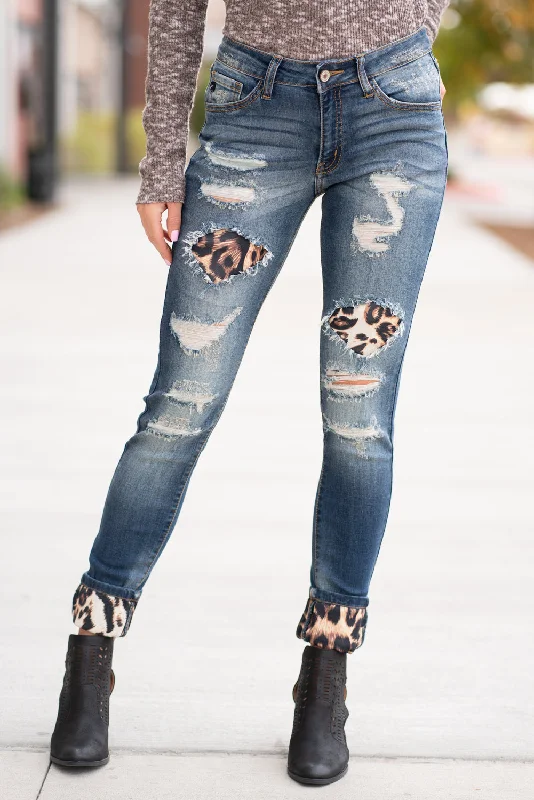 sustainable bootcut jeans Mason Mid Rise Leopard Patch Skinny