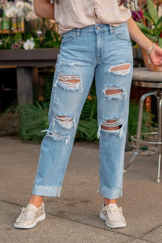 blue denim straight leg jeans Candace Mid Rise Ripped Boyfriend