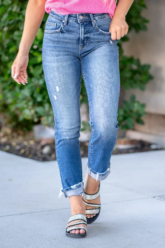 comfy stretch jeans Remember Me High Rise Cuffed Straight Leg