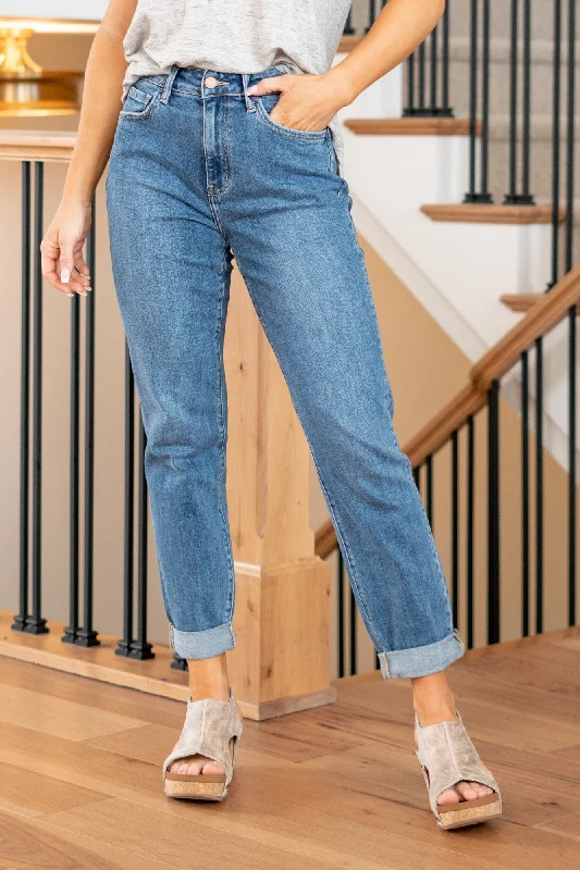 comfy bootcut jeans women Ease Cuffed Mom Jeans