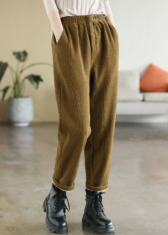 outdoor pants women Elegant Yellow Elastic Waist Pockets Warm Fleece Corduroy Pants Winter