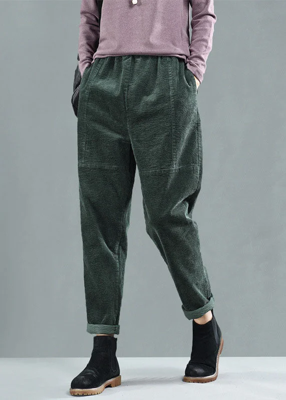 women’s checkered pants Fashion Green Elastic Waist Patchwork Corduroy Harem Pants Fall