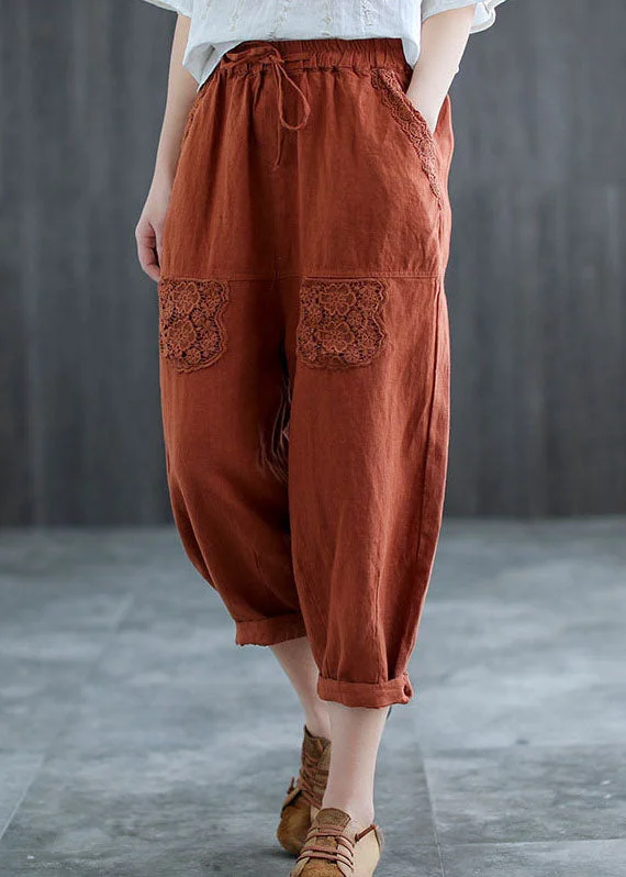 women’s summer trousers Fashion Mulberry Hollow Out Lace Patchwork Linen Harem Pants Fall