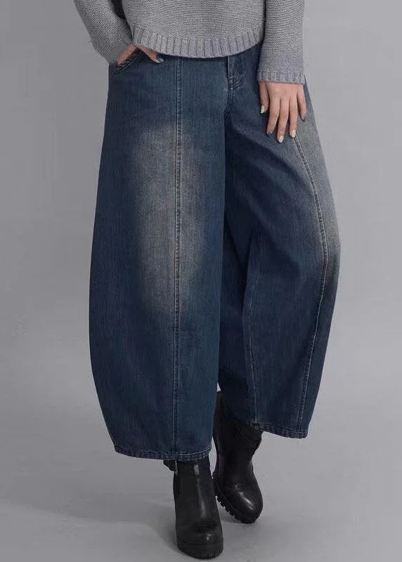 chic high waist trousers women French Navy Button Pockets Casual lantern Fall Denim Pants