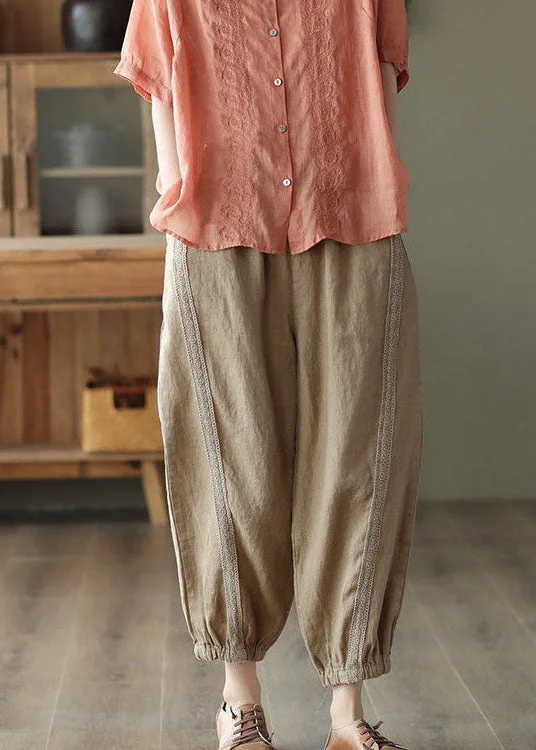 summer office pants women Khaki Hollow Out Patchwork Linen Harem Pants Summer