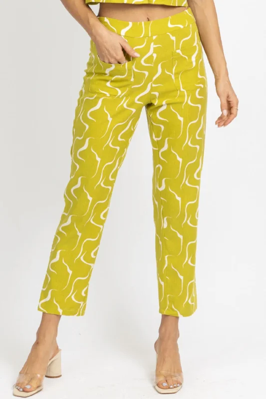 trendy checked pants women Linen Abstract Culotte Pant In Lime