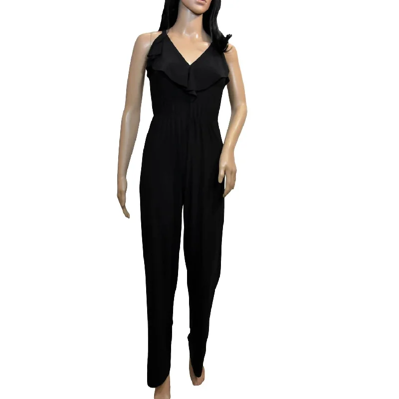 sleek high waist pants Ruffle Jumpsuit In Black